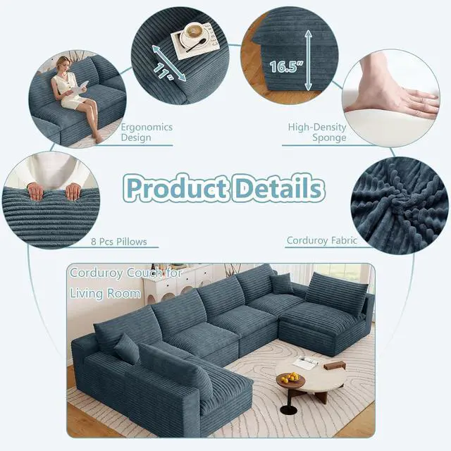 Alt view image 6 of 7 - 136" Oversized Cloud Sectional Couch with U-Shaped Chaise,6-Seater Corduroy Viral Boneless Sofa,Memory Foam Couches in a Box with Deep Seat for Living Room,No Assembly Required, Blue