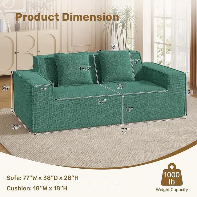 Alt view image 2 of 7 - 77'' Modern Small Loveseat, No Assembly Required Cloud Sofa Cloud Sofa Boneless Couches with 2 pcs Pillows for Living Room, Apartment(Polar Fleece-Green)