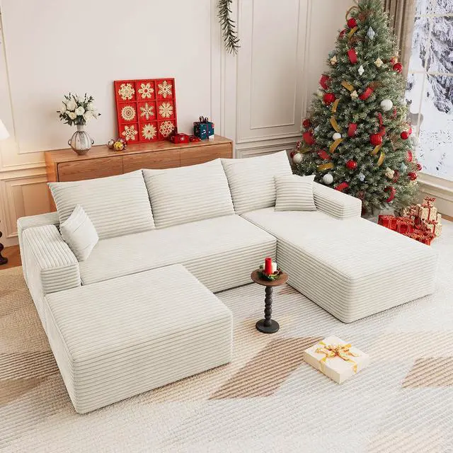 Alt view image 5 of 7 - 107" U Shaped Cloud Sectional Couch with Fluffy Corduroy, Deep Memory Foam Seats Sofa with 1 Ottoman for Living Room, No Assembly Required(White,Right-Facing Chaise)