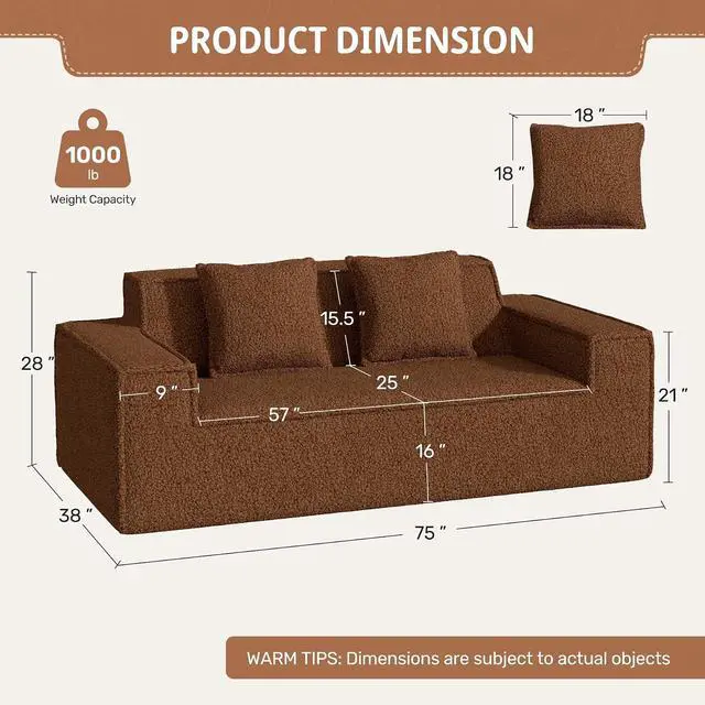 Alt view image 2 of 7 - 75'' Cloud Loveseat Sofa, No Assembly Required Comfy Deep Seat Couches 1 pcs for Living Room, Bedroom, Apartment(Teddy Fabric-Brown)