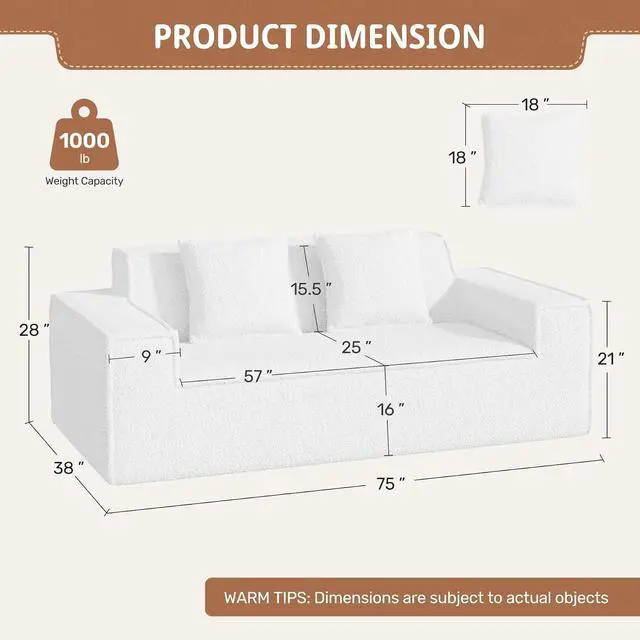 Alt view image 2 of 7 - 75'' Cloud Loveseat Sofa, No Assembly Required Comfy Deep Seat Couches 1 pcs for Living Room, Bedroom, Apartment(Teddy Fabric-Beige)