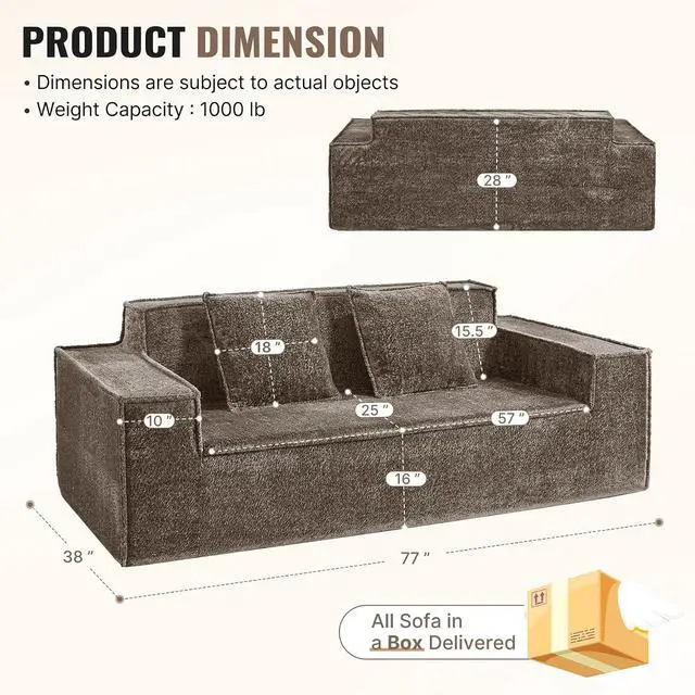 Alt view image 2 of 7 - 77'' Modern Cloud Loveseat Sofa in Chenille, Deep Seat Boneless Couches Includes 2 pcs Pillows for Living Room, Bedroom, Apartment(Coffe)