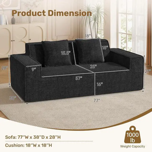 Alt view image 2 of 7 - 77'' Modern Small Loveseat, No Assembly Required Cloud Sofa Cloud Sofa Boneless Couches with 2 pcs Pillows for Living Room, Apartment(Polar Fleece-Black)