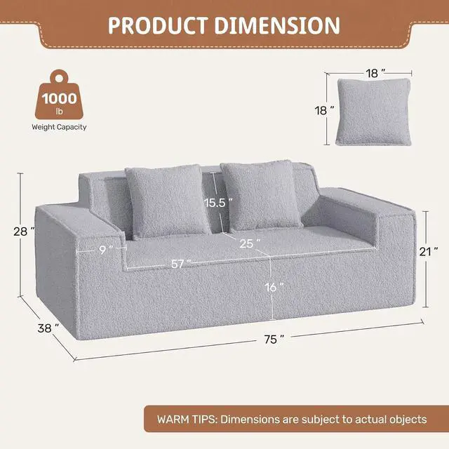 Alt view image 2 of 7 - 75'' Cloud Loveseat Sofa, No Assembly Required Comfy Deep Seat Couches 1 pcs for Living Room, Bedroom, Apartment(Teddy Fabric-Grey)
