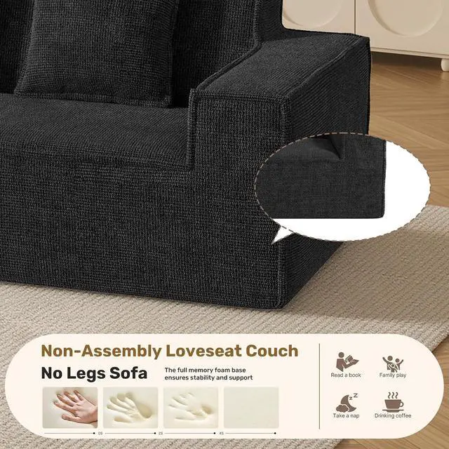 Alt view image 7 of 7 - 77'' Modern Small Loveseat, No Assembly Required Cloud Sofa Cloud Sofa Boneless Couches with 2 pcs Pillows for Living Room, Apartment(Polar Fleece-Black)