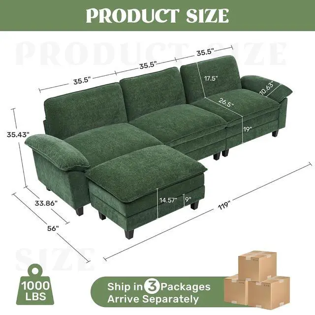 Alt view image 2 of 7 - 118" Modular Sectional Sofa,Comfy Cloud Couch Sectional Sofa,4 Seat Chenille Sleeper Deep Seat Sofas for Living Room,Bedroom and Apartment,Green