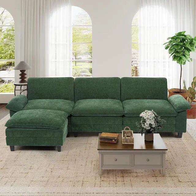 Main image of 118" Modular Sectional Sofa,Comfy Cloud Couch Sectional Sofa,4 Seat Chenille Sleeper Deep Seat Sofas for Living Room,Bedroom and Apartment,Green
