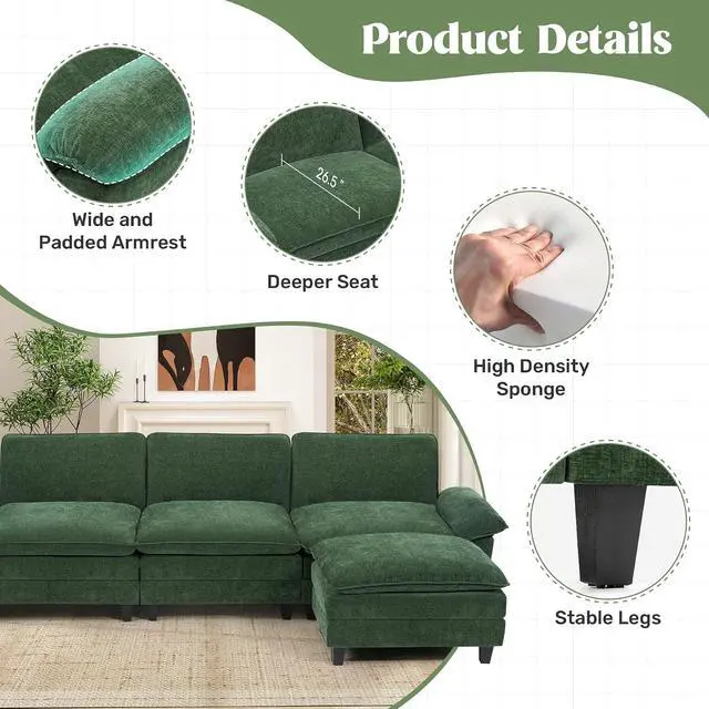 Alt view image 3 of 7 - 118" Modular Sectional Sofa,Comfy Cloud Couch Sectional Sofa,4 Seat Chenille Sleeper Deep Seat Sofas for Living Room,Bedroom and Apartment,Green