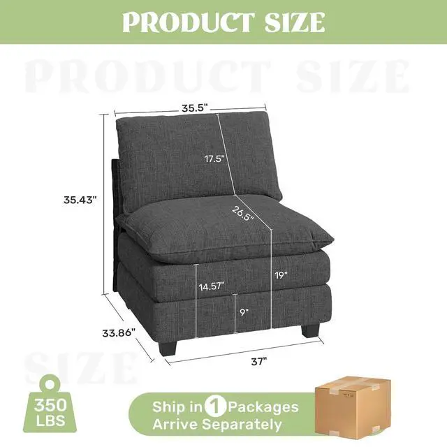 Alt view image 2 of 4 - 37" Single Sofa Seat,Comfy Cloud Couch Sectional Sofa, Chenille Sleeper Deep Seat Sofas for Living Room,Bedroom and Apartment,Dark Gary