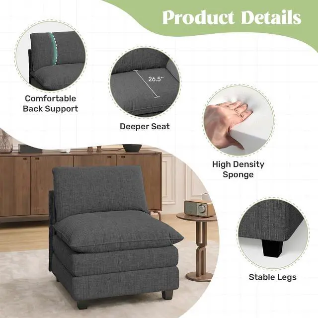 Alt view image 3 of 4 - 37" Single Sofa Seat,Comfy Cloud Couch Sectional Sofa, Chenille Sleeper Deep Seat Sofas for Living Room,Bedroom and Apartment,Dark Gary
