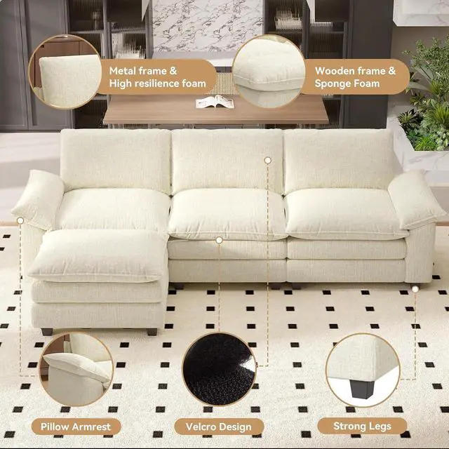 Alt view image 6 of 6 - 49" Single Sofa Seat,Comfy Cloud Couch Sectional Sofa, Chenille Sleeper Deep Seat Sofas for Living Room,Bedroom and Apartment,Beige