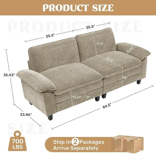 Alt view image 2 of 7 - 86" Modular Sectional Sofa,Comfy Cloud Couch Sectional Sofa,Loveseat Chenille Sleeper Deep Seat Sofas for Living Room,Bedroom and Apartment,Khaki