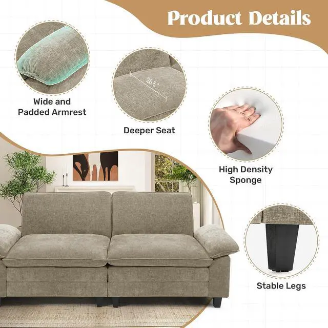 Alt view image 3 of 7 - 86" Modular Sectional Sofa,Comfy Cloud Couch Sectional Sofa,Loveseat Chenille Sleeper Deep Seat Sofas for Living Room,Bedroom and Apartment,Khaki