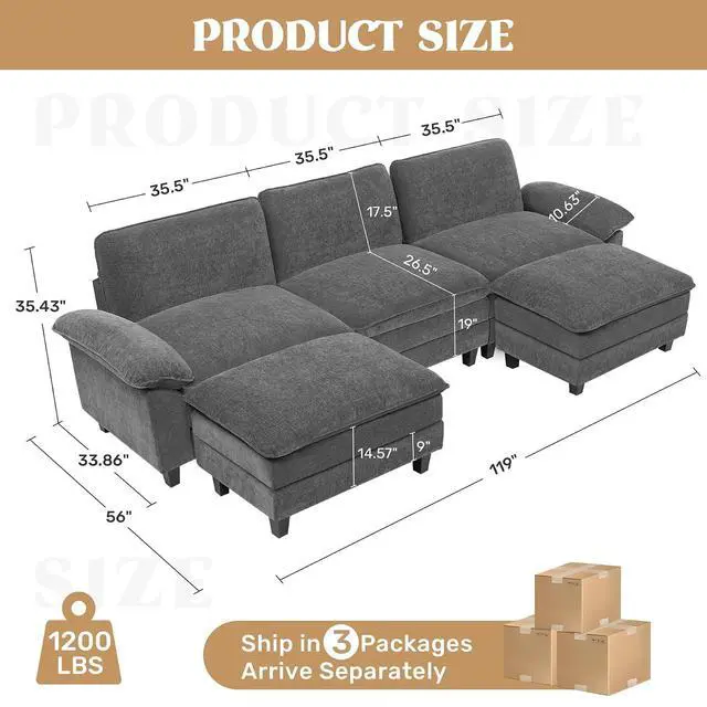 Alt view image 2 of 7 - 118" Modular Sectional Sofa,Comfy Cloud Couch Sectional Sofa with Ottoman,U Shaped 5-Seat Chenille Sleeper Deep Seat Sofas for Living Room,Bedroom and Apartment,Dark Gary