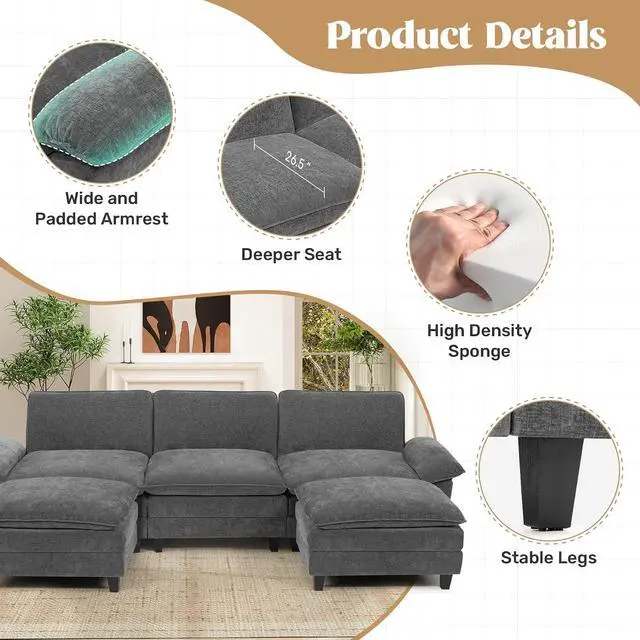 Alt view image 3 of 7 - 118" Modular Sectional Sofa,Comfy Cloud Couch Sectional Sofa with Ottoman,U Shaped 5-Seat Chenille Sleeper Deep Seat Sofas for Living Room,Bedroom and Apartment,Dark Gary