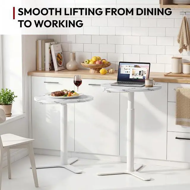 Alt view image 4 of 7 - Pneumatic Height Adjustable Round Dining Table, 19.7" Portable Bar Table, Wooden Overbed Table for Laptop, Snacks & Coffee, Ideal for Living Room, Bedroom, Home Office(Marble Grain)