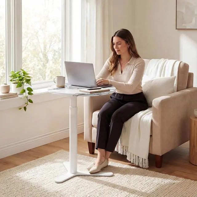 Alt view image 5 of 7 - Pneumatic Height Adjustable Round Dining Table, 19.7" Portable Bar Table, Wooden Overbed Table for Laptop, Snacks & Coffee, Ideal for Living Room, Bedroom, Home Office(Marble Grain)