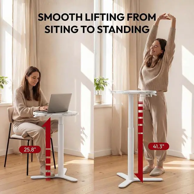Alt view image 6 of 7 - Pneumatic Height Adjustable Round Dining Table, 19.7" Portable Bar Table, Wooden Overbed Table for Laptop, Snacks & Coffee, Ideal for Living Room, Bedroom, Home Office(Marble Grain)