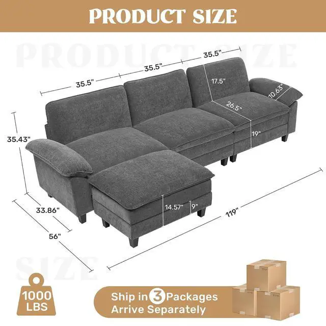 Alt view image 2 of 7 - 118" Modular Sectional Sofa,Comfy Cloud Couch Sectional Sofa with Ottoman,L Shaped 4-Seat Chenille Sleeper Deep Seat Sofas for Living Room,Bedroom and Apartment,Dark Gary