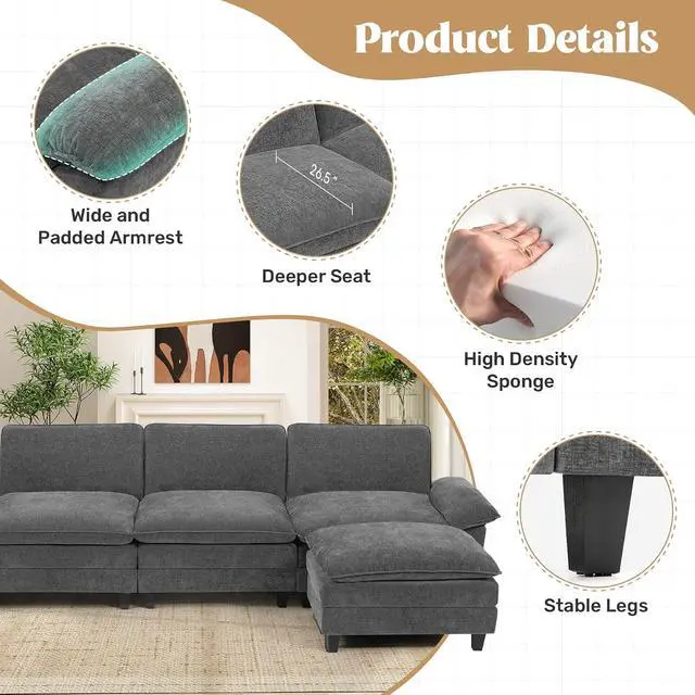 Alt view image 3 of 7 - 118" Modular Sectional Sofa,Comfy Cloud Couch Sectional Sofa with Ottoman,L Shaped 4-Seat Chenille Sleeper Deep Seat Sofas for Living Room,Bedroom and Apartment,Dark Gary