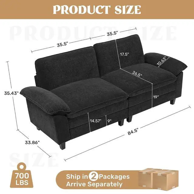 Alt view image 2 of 7 - 86" Modular Sectional Sofa,Comfy Cloud Couch Sectional Sofa,Loveseat Chenille Sleeper Deep Seat Sofas for Living Room,Bedroom and Apartment,Black