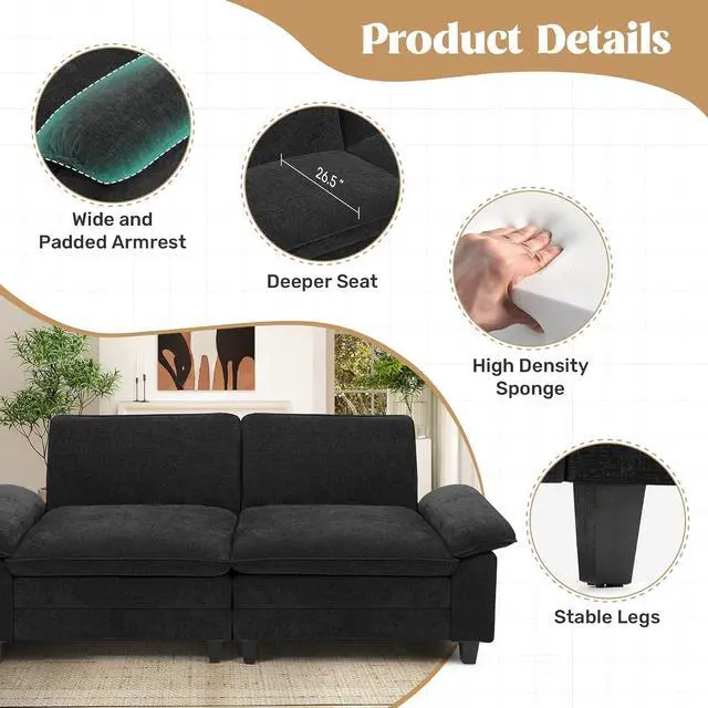 Alt view image 3 of 7 - 86" Modular Sectional Sofa,Comfy Cloud Couch Sectional Sofa,Loveseat Chenille Sleeper Deep Seat Sofas for Living Room,Bedroom and Apartment,Black