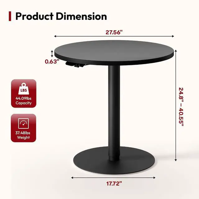 Alt view image 3 of 7 - Pneumatic Height Adjustable Round Dining Table, 27.5" Portable Bar Table, Wooden Overbed Table for Laptop, Snacks & Coffee, Ideal for Living Room, Bedroom, Home Office(Black)