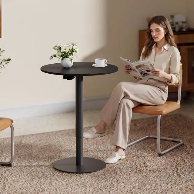 Alt view image 4 of 7 - Pneumatic Height Adjustable Round Dining Table, 27.5" Portable Bar Table, Wooden Overbed Table for Laptop, Snacks & Coffee, Ideal for Living Room, Bedroom, Home Office(Black)
