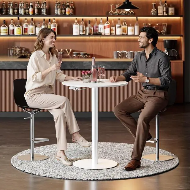Alt view image 2 of 7 - Pneumatic Height Adjustable Round Dining Table, 23.6" Portable Bar Table, Wooden Overbed Table for Laptop, Snacks & Coffee, Ideal for Living Room, Bedroom, Home Office(Black Walnut)
