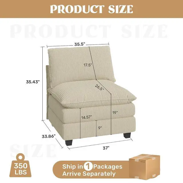 Alt view image 2 of 4 - 37" Single Sofa Seat, Comfy Cloud Couch Sectional Sofa, Corduroy Sleeper Deep Seat Sofas for Living Room,Bedroom and Apartment,Khaki