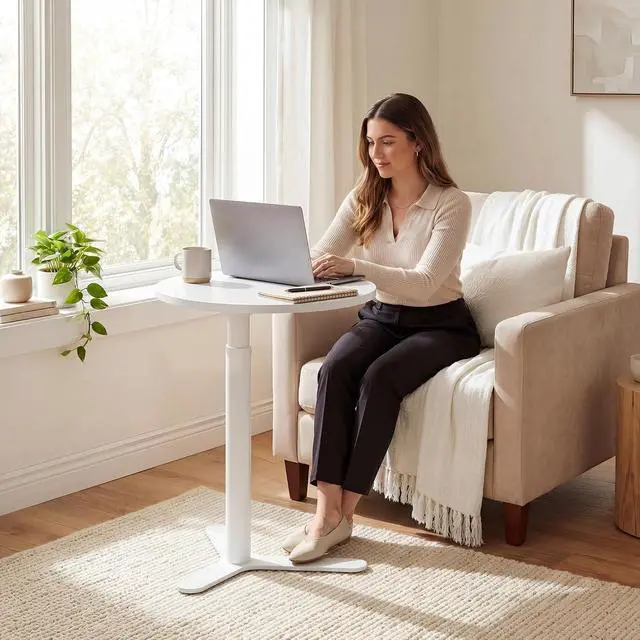 Alt view image 4 of 7 - Pneumatic Height Adjustable Round Dining Table, 19.7" Portable Bar Table, Wooden Overbed Table for Laptop, Snacks & Coffee, Ideal for Living Room, Bedroom, Home Office(White)