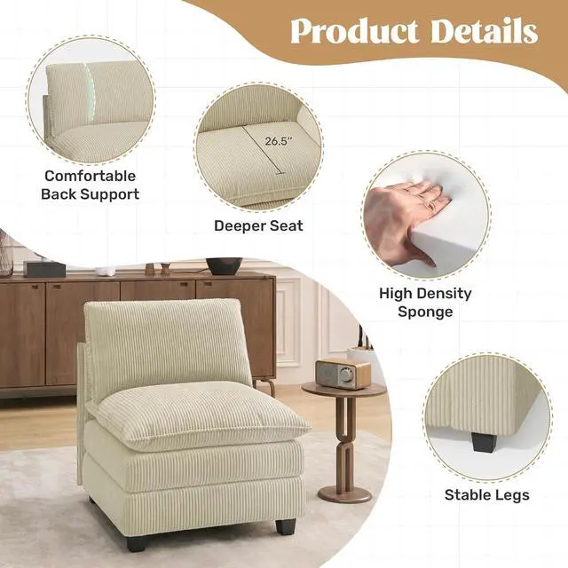 Alt view image 3 of 4 - 37" Single Sofa Seat, Comfy Cloud Couch Sectional Sofa, Corduroy Sleeper Deep Seat Sofas for Living Room,Bedroom and Apartment,Khaki
