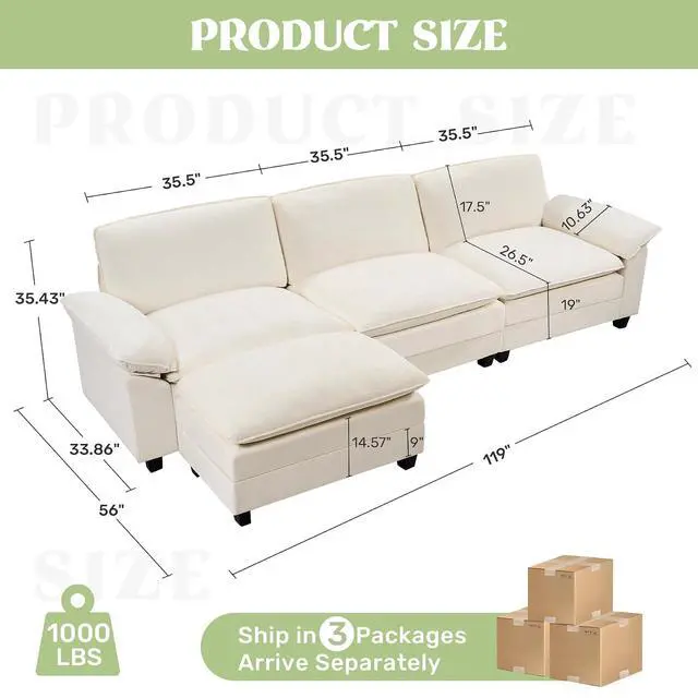 Alt view image 2 of 7 - 118" Modular Sectional Sofa,Comfy Cloud Couch Sectional Sofa,3 Seat Chenille Sleeper Deep Seat Sofas for Living Room,Bedroom and Apaent,Beige