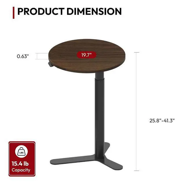 Alt view image 3 of 7 - Pneumatic Height Adjustable Round Dining Table, 19.7" Portable Bar Table, Wooden Overbed Table for Laptop, Snacks & Coffee, Ideal for Living Room, Bedroom, Home Office(Black Walnut)