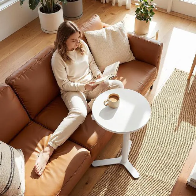 Alt view image 5 of 7 - Pneumatic Height Adjustable Round Dining Table, 19.7" Portable Bar Table, Wooden Overbed Table for Laptop, Snacks & Coffee, Ideal for Living Room, Bedroom, Home Office(White)