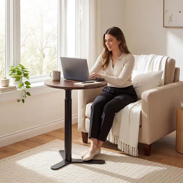 Alt view image 4 of 7 - Pneumatic Height Adjustable Round Dining Table, 19.7" Portable Bar Table, Wooden Overbed Table for Laptop, Snacks & Coffee, Ideal for Living Room, Bedroom, Home Office(Black Walnut)