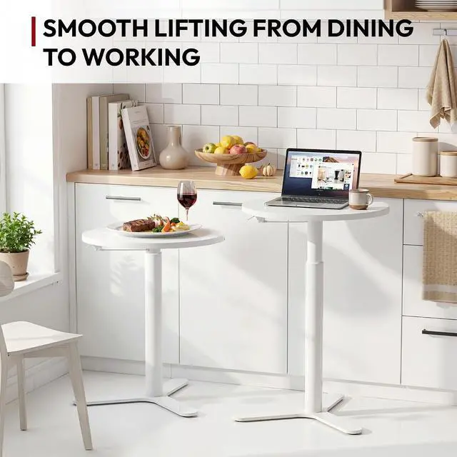 Alt view image 7 of 7 - Pneumatic Height Adjustable Round Dining Table, 19.7" Portable Bar Table, Wooden Overbed Table for Laptop, Snacks & Coffee, Ideal for Living Room, Bedroom, Home Office(White)
