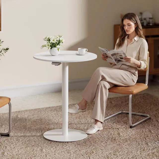 Alt view image 4 of 7 - Pneumatic Height Adjustable Round Dining Table, 23.6" Portable Bar Table, Wooden Overbed Table for Laptop, Snacks & Coffee, Ideal for Living Room, Bedroom, Home Office(Black Walnut)