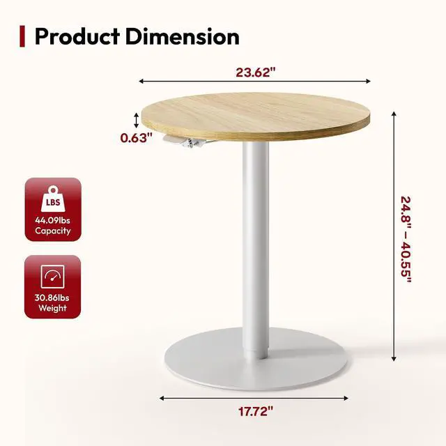 Alt view image 3 of 7 - Pneumatic Height Adjustable Round Dining Table, 23.6" Portable Bar Table, Wooden Overbed Table for Laptop, Snacks & Coffee, Ideal for Living Room, Bedroom, Home Office(Black Walnut)