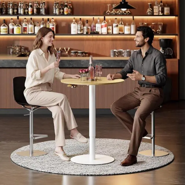 Alt view image 2 of 7 - Pneumatic Height Adjustable Round Dining Table, 23.6" Portable Bar Table, Wooden Overbed Table for Laptop, Snacks & Coffee, Ideal for Living Room, Bedroom, Home Office(Black Walnut)