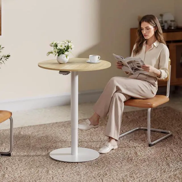 Alt view image 4 of 7 - Pneumatic Height Adjustable Round Dining Table, 23.6" Portable Bar Table, Wooden Overbed Table for Laptop, Snacks & Coffee, Ideal for Living Room, Bedroom, Home Office(Black Walnut)