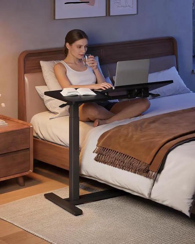 Alt view image 2 of 7 - Small Rolling Overbed Table Adjustable Height with Wheels, Mobile Laptop Desk with Tilting Desktop, Portable Computer Workstation for Home Office, Classroom, Bedside, Black