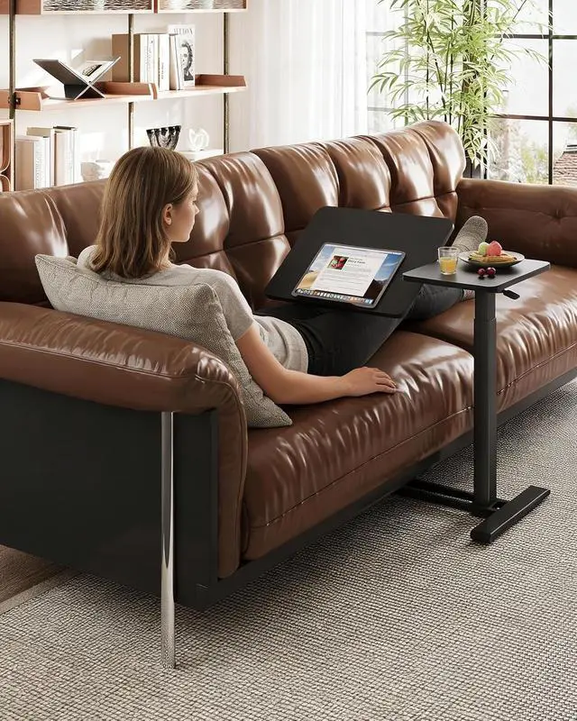 Alt view image 5 of 7 - Small Rolling Overbed Table Adjustable Height with Wheels, Mobile Laptop Desk with Tilting Desktop, Portable Computer Workstation for Home Office, Classroom, Bedside, Black