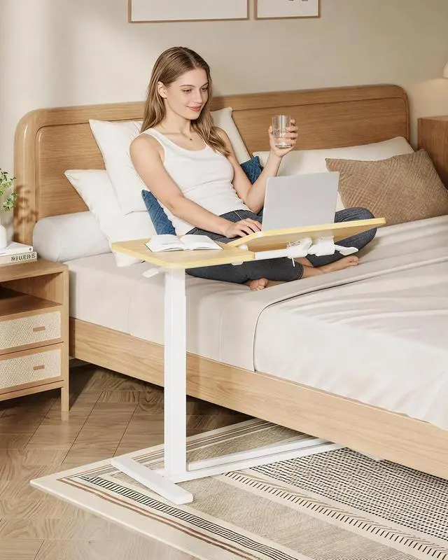 Alt view image 2 of 7 - Small Rolling Overbed Table Adjustable Height with Wheels, Mobile Laptop Desk with Tilting Desktop, Portable Computer Workstation for Home Office, Classroom, Bedside, Maple