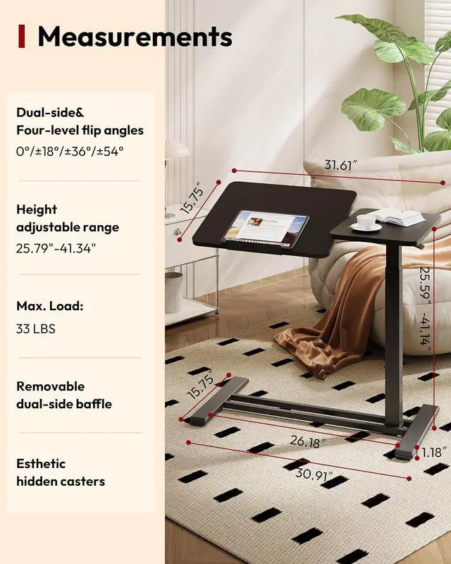 Alt view image 3 of 7 - Small Rolling Overbed Table Adjustable Height with Wheels, Mobile Laptop Desk with Tilting Desktop, Portable Computer Workstation for Home Office, Classroom, Bedside, Black