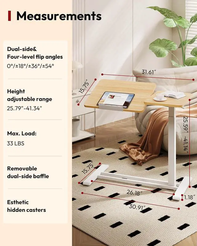 Alt view image 3 of 7 - Small Rolling Overbed Table Adjustable Height with Wheels, Mobile Laptop Desk with Tilting Desktop, Portable Computer Workstation for Home Office, Classroom, Bedside, Maple