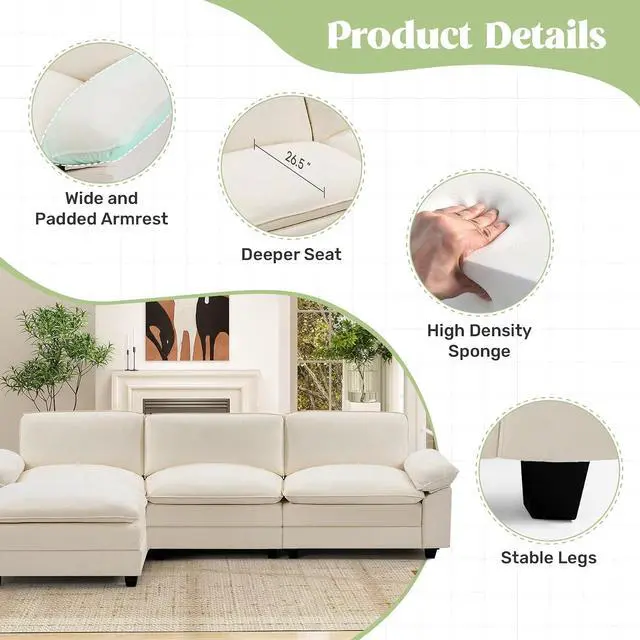 Alt view image 3 of 7 - 118" Modular Sectional Sofa,Comfy Cloud Couch Sectional Sofa,3 Seat Chenille Sleeper Deep Seat Sofas for Living Room,Bedroom and Apaent,Beige