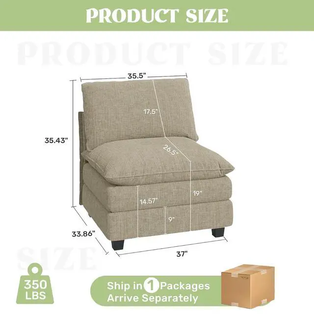 Alt view image 2 of 4 - 37" Single Sofa Seat,Comfy Cloud Couch Sectional Sofa, Chenille Sleeper Deep Seat Sofas for Living Room,Bedroom and Apartment,Khaki