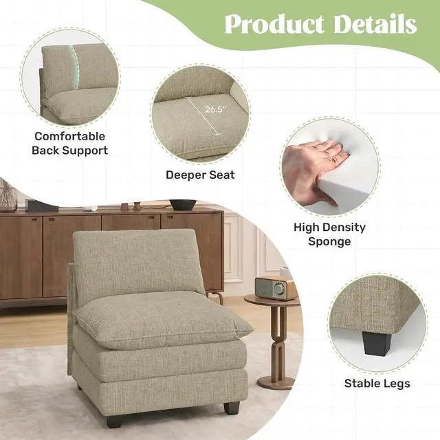 Alt view image 3 of 4 - 37" Single Sofa Seat,Comfy Cloud Couch Sectional Sofa, Chenille Sleeper Deep Seat Sofas for Living Room,Bedroom and Apartment,Khaki