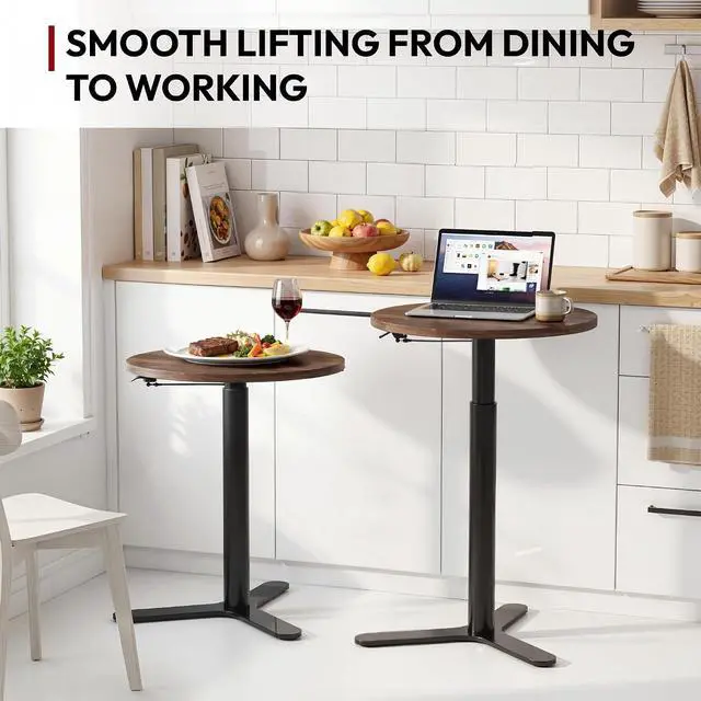 Alt view image 7 of 7 - Pneumatic Height Adjustable Round Dining Table, 19.7" Portable Bar Table, Wooden Overbed Table for Laptop, Snacks & Coffee, Ideal for Living Room, Bedroom, Home Office(Black Walnut)